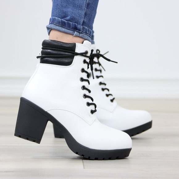 Lace-Up Lug Chunky Block High Heel Ankle Boots White Faux Leather - Picture 7 of 12